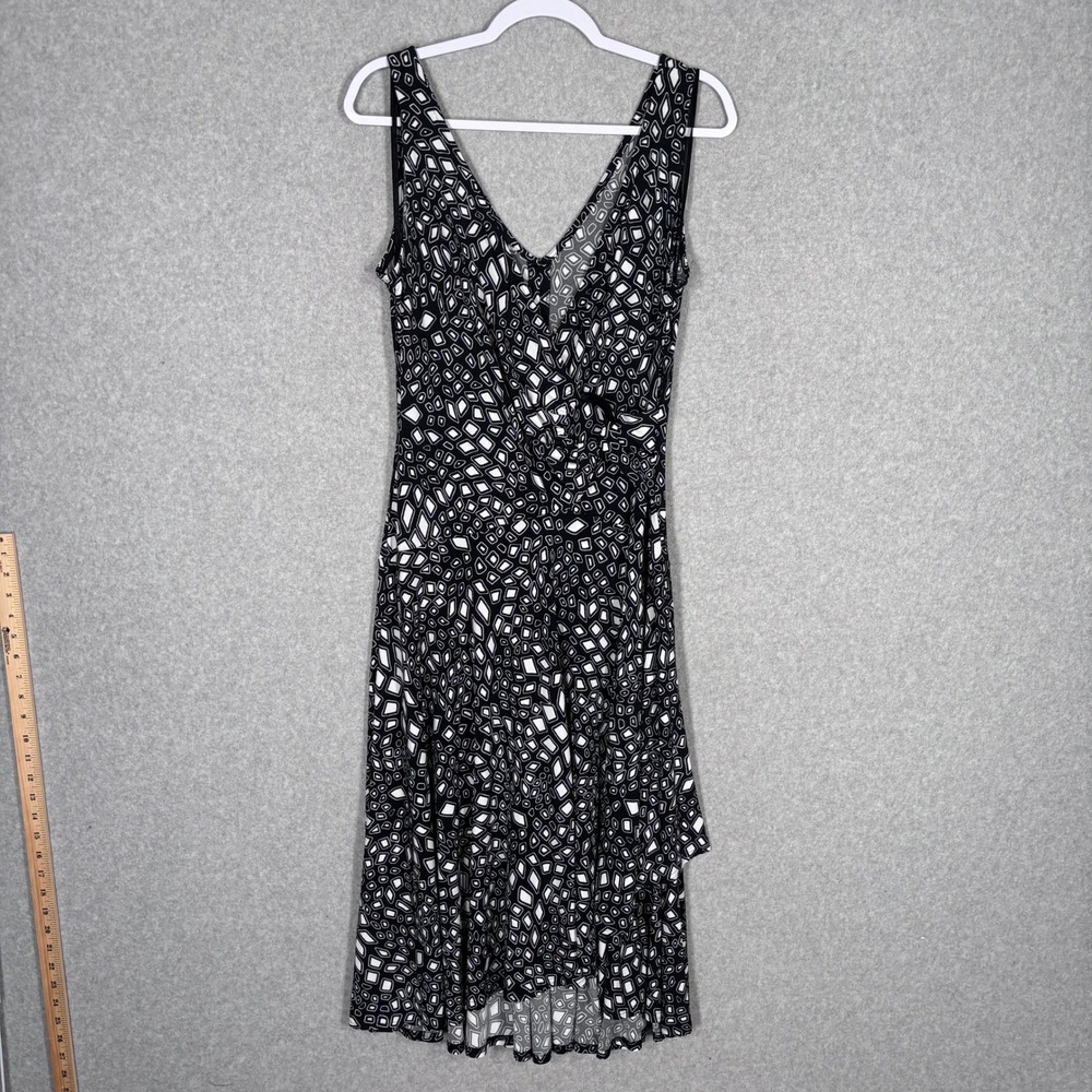 Jones New York Slinky Knit Midi Dress 12 Black Geometric Wrap Asymmetric‎ Liquid